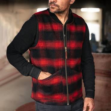 Men's Vintage Red And Chic Black Plaid Flannel Vest