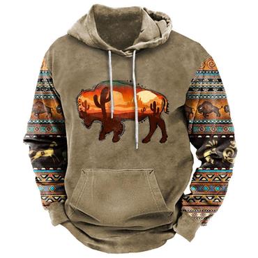 Men's Ethnic Geometric Western Chic Buffalo Print Hoodie