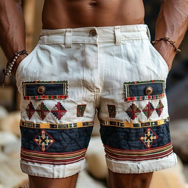 Men's Vintage Cotton And Chic Linen Ethnic Aztec Hippie Print Casual 5 Inch Cargo Shorts