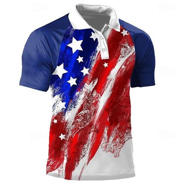 Men's Vintage America Flag Chic July 4th Print Color Block Raglan Sleeve Short Sleeve Polo T-shirt