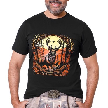 Men's Vintage Midnight Black Chic Bavarian Deer Hunting Print Crew Neck Short Sleeve T-shirt