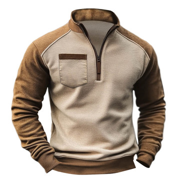 Men's Vintage Color Block Chic Pocket Quarter-zip Stand Collar Sweatshirt