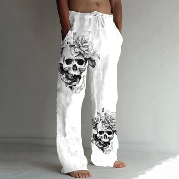 Men's Casual Loose Skull Print Chic Cotton Linen Trousers