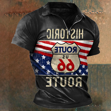 Men's Vintage America Route Chic 66 Print Zip Neck T-shirt