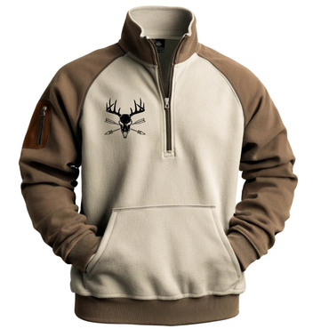 Men's Vintage Deer Skull Chic Color Block Contrast Quarter Zip Stand Collar Sweatshirt