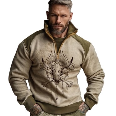 Men's Vintage Western Bullhead Chic Cowboy Color Block Quarter Zip Stand Collar Sweatshirt