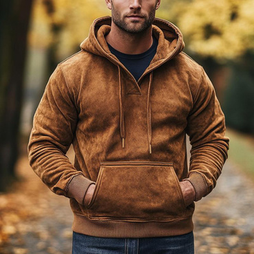 Men's Vintage Suede Pocket Chic Long Sleeve Hoodie