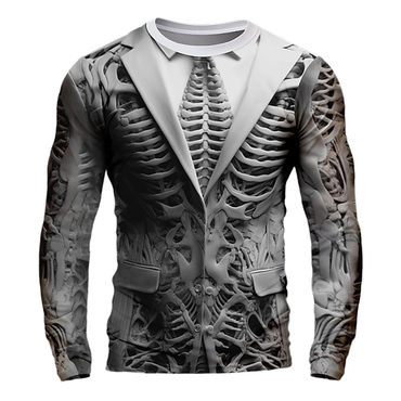 Men's Vintage Skull Skeleton Chic Halloween Long Sleeve Casual Crew Neck T-shirt