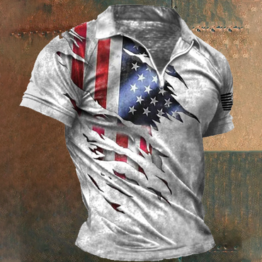 Men's Vintage American Flag Print Chic Zip Lapel T-shirt