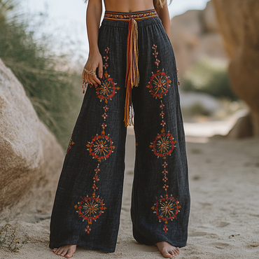 Bohemian Casual Holiday Style Chic Linen Long Loose Wide-leg Pants