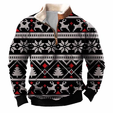 Men's Vintage Snowflake Christmas Chic Tree Elk Print Fleece Collar Quarter Zip Stand Collar Ugly Christmas Sweatshirt