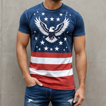 Men's Vintage American Flag Chic Eagle Print Short Sleeve Crew Neck T-shirt