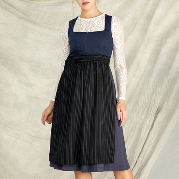 Women's Vintage Oktoberfest Vertical Chic Stripe Bow Square Neck Navy Dirndl Dress No Lace Top Included