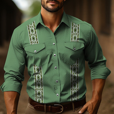 Men's Vintage Western Aztec Chic Geometric Print Pocket Casual Long Sleeve Shirt