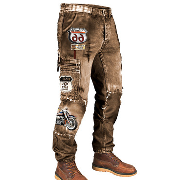 Men's Cargo Pants Route Chic 66 Road Trip Motorcycle Vintage Distressed Utility Outdoor Pants