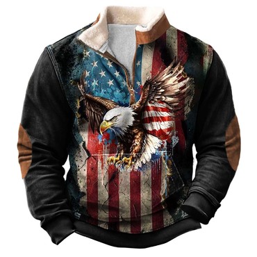 Men's Vintage American Flag Chic Eagle Print Fleece Collar Quarter Zip Stand Collar Sweatshirt