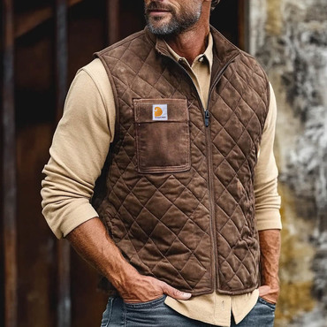 Men's Vintage Pocket Suede Chic Quilted Zip Vest Outdoor Motorcycle Stand Collar Vest Jacket