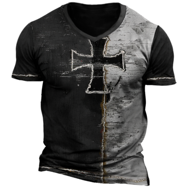 Men's Retro Cross Faith Chic Color Block Print V Neck T-shirt