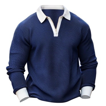 Men's Vintage Waffle Contrast Chic Zip Polo Long Sleeve T-shirt