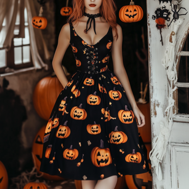 Ladies Vintage Halloween Lace-up Chic Pumpkin Print Dress