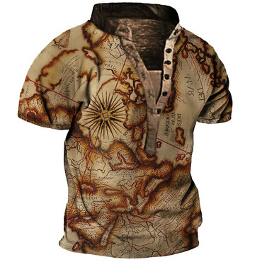 Men's Outdoor Vintage World Chic Map Henley Collar T-shirt