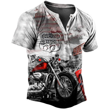 Men's Vintage Route 66 Chic Motorcycle Print Henley Short Sleeve T-shirt