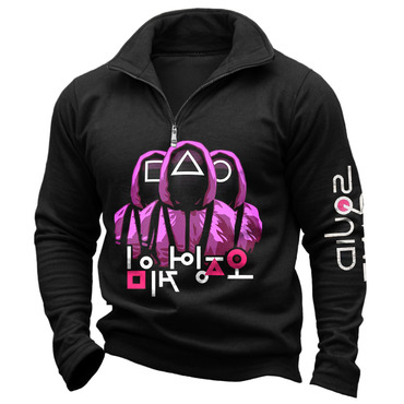 Men's Vintage Squid Game Chic Three Masked Guards Quarter Zip Stand Collar Sweatshirt