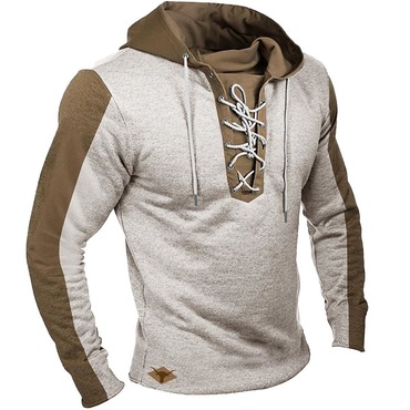 Men's Vintage Yellowstone Color Chic Block Lace-up Long Sleeve Hoodie