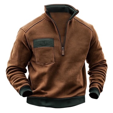 Men's Vintage Contrast Pocket Chic Zip Stand Collar Sweatshirt