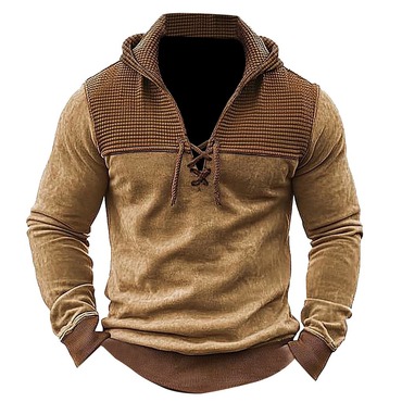 Men's Vintage Patchwork Waffle Chic Lace-up Hoodie