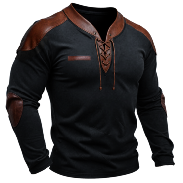 Men's Vintage Pu Leather Chic Patchwork Normal Outdoor Causal Long Sleeve Lace-up T-shirt