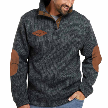 Men's Retro Herringbone Fabric Chic Henley Elbow Patch Color Block Western Sweatshirt