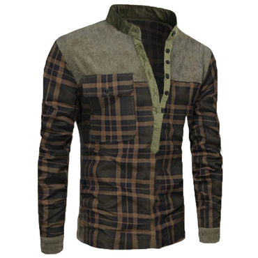 Men's Outdoor Casual Stitching Chic Plaid Tactical Henry Collar Shirt