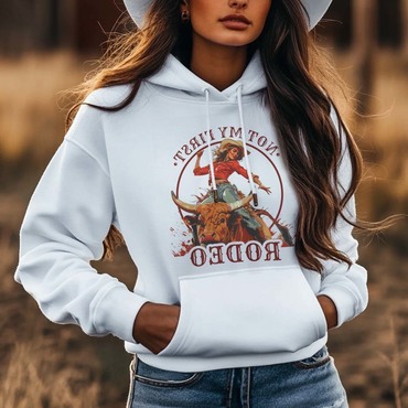 Women's Vintage Western Cowgirl Chic Not My First Rodeo Print Pocket White Hoodie