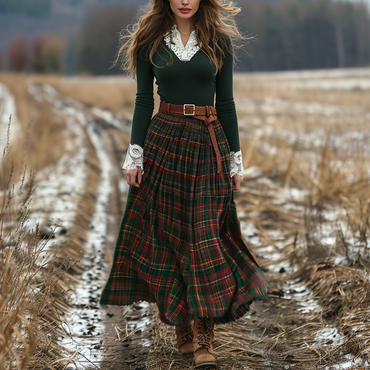 Women's Retro Plaid V-neck Chic Long-sleeved Long Skirt Pastoral Style Dress