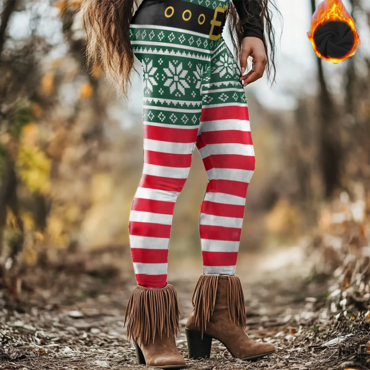 Women's Flannel Christmas Elf Chic Red & Green Striped Snowflake Print Leggings