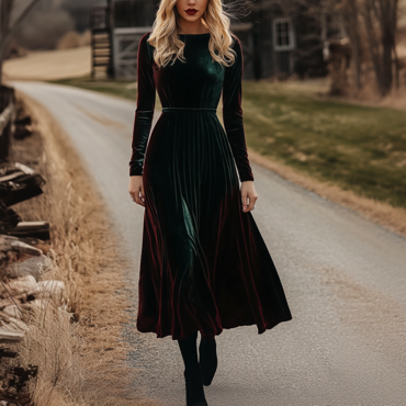 Ladies Vintage Long-sleeved Velvet Chic Midi Dresses