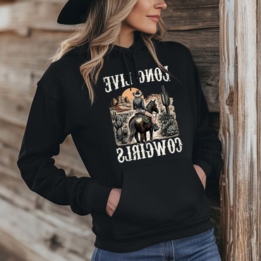 Women's Vintage Western Long Chic Live Cowgirls Print Pocket Black Hoodie