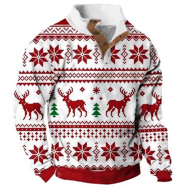 Men's Sweatshirt Christmas Deer Chic Snowflake Buttons Stand Collar Daily Tops