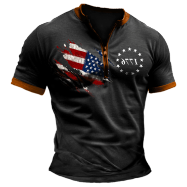 Men's Vintage American 1776 Chic Patriotic Print Zipper Daily Short Sleeve T-shirt