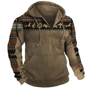 Men's Vintage Ethnic Print Chic Panel Hooded Sweatshirt