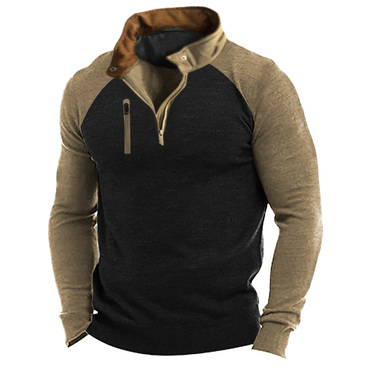 Men's Vintage Tactical Colorblock Chic Zip Stand Collar T-shirt