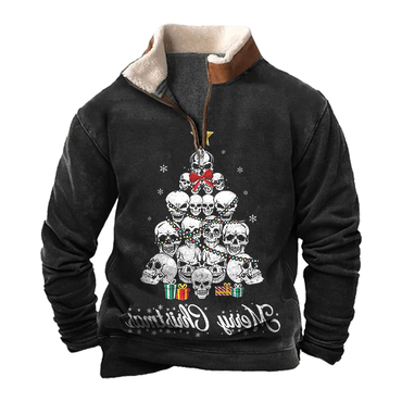 Men's Skeleton Christmas Tree Chic Vintage Lamb Fleece Collar Spliced Sweatshirts