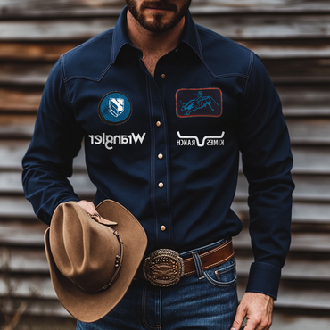 Men's West Cowboy Outdoor Chic Pbr Teams Dark Blue Long Sleeved Collar Shirts