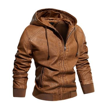 Men's Retro Wash Multi Chic Pocket Locomotive Outdoor Sports Leisure Leather Hooded Jackets