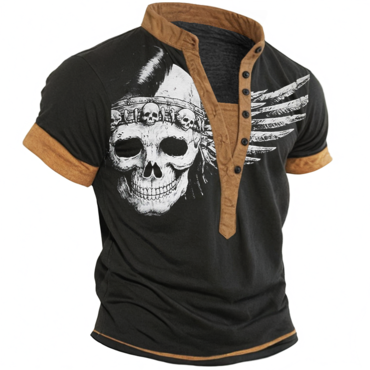 Men's Vintage Skull Print Chic Rock Henley Neck T-shirt