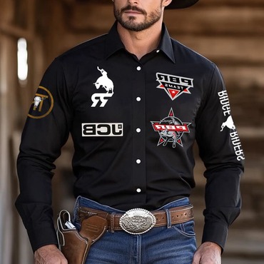 Men's Western Cowboy Outdoor Chic Pbr Teams Ridge Riders Long Sleeved Black Shirts