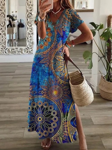 Loose Casual Abstract Print Chic V-neck Short Sleeve Maxi Dress