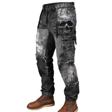 Mens Skull Print Outdoor Chic Wear-resistant Army Pants