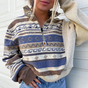 Ethnic Printed Patchwork Plush Chic Zipper Neck Sweatshirt